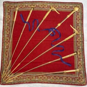 CELINE Scarf Equestrian Cane Ribbon Print Silk Red Gold  Accessory 19.5"